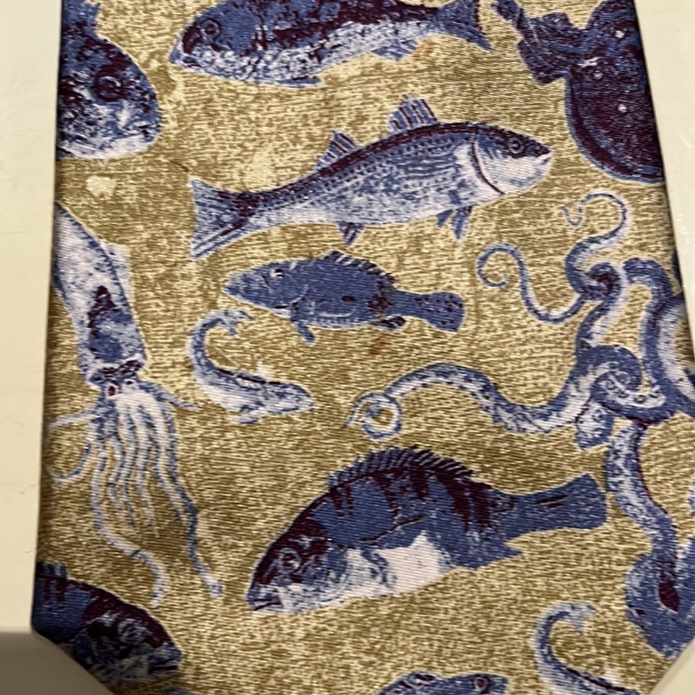 Audrey Buchner FISH Tie, Blue & Gold 100% European Silk Hand Tailored 4"  1980s - Picture 10 of 10